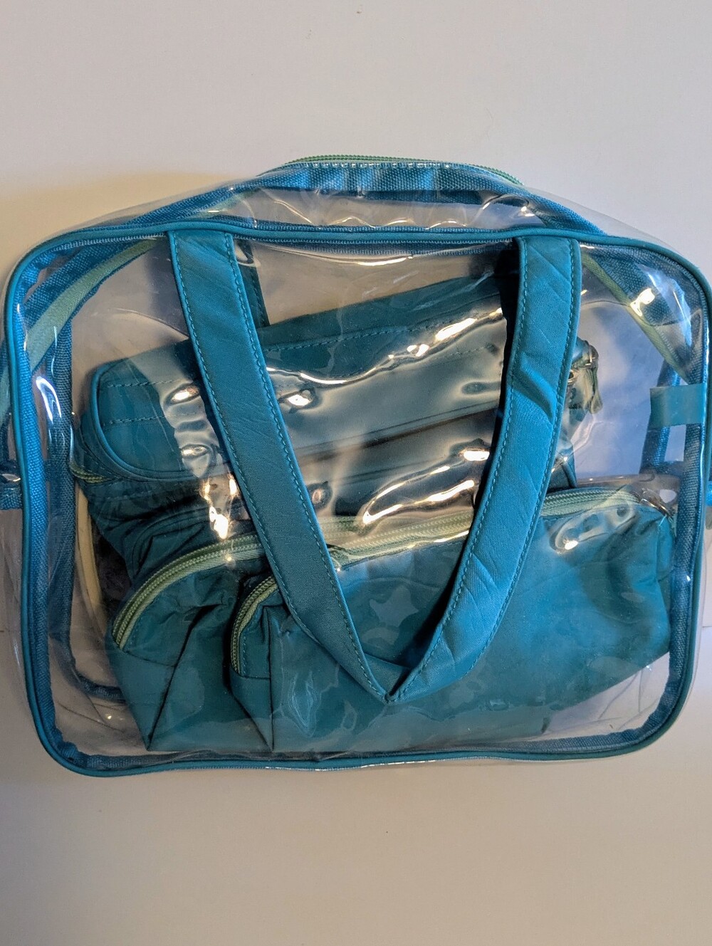 Bag Travel Tote Clear &  Turquoise Tote Bag with 3 Inner Totes and Mirror